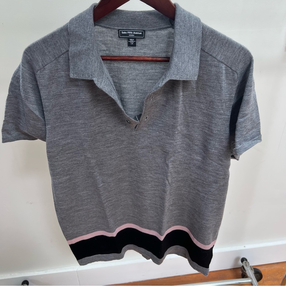 Saks Fifth Avenue Modern Grey striped wool polo (large)